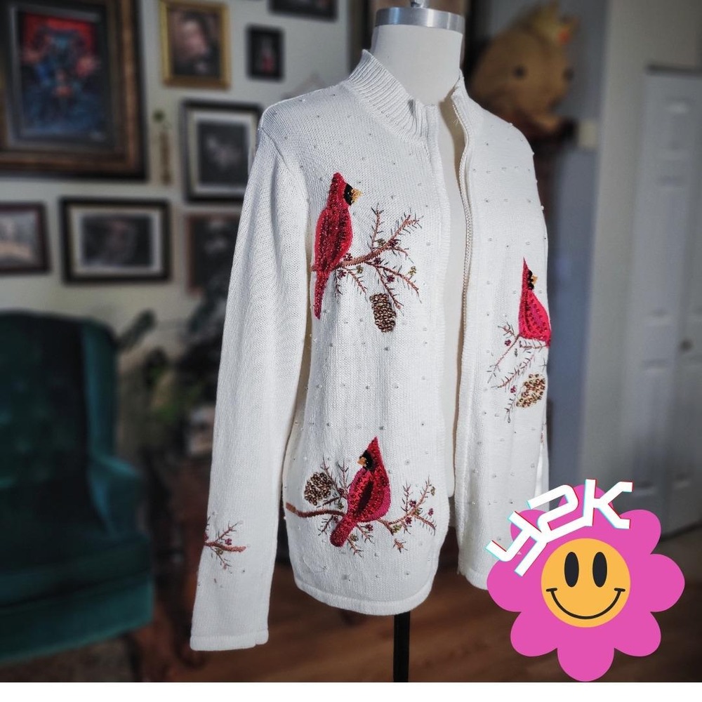 Tiara International Cardigan‎ Bird Sweater White Beaded Vintage Y2K Cardinal